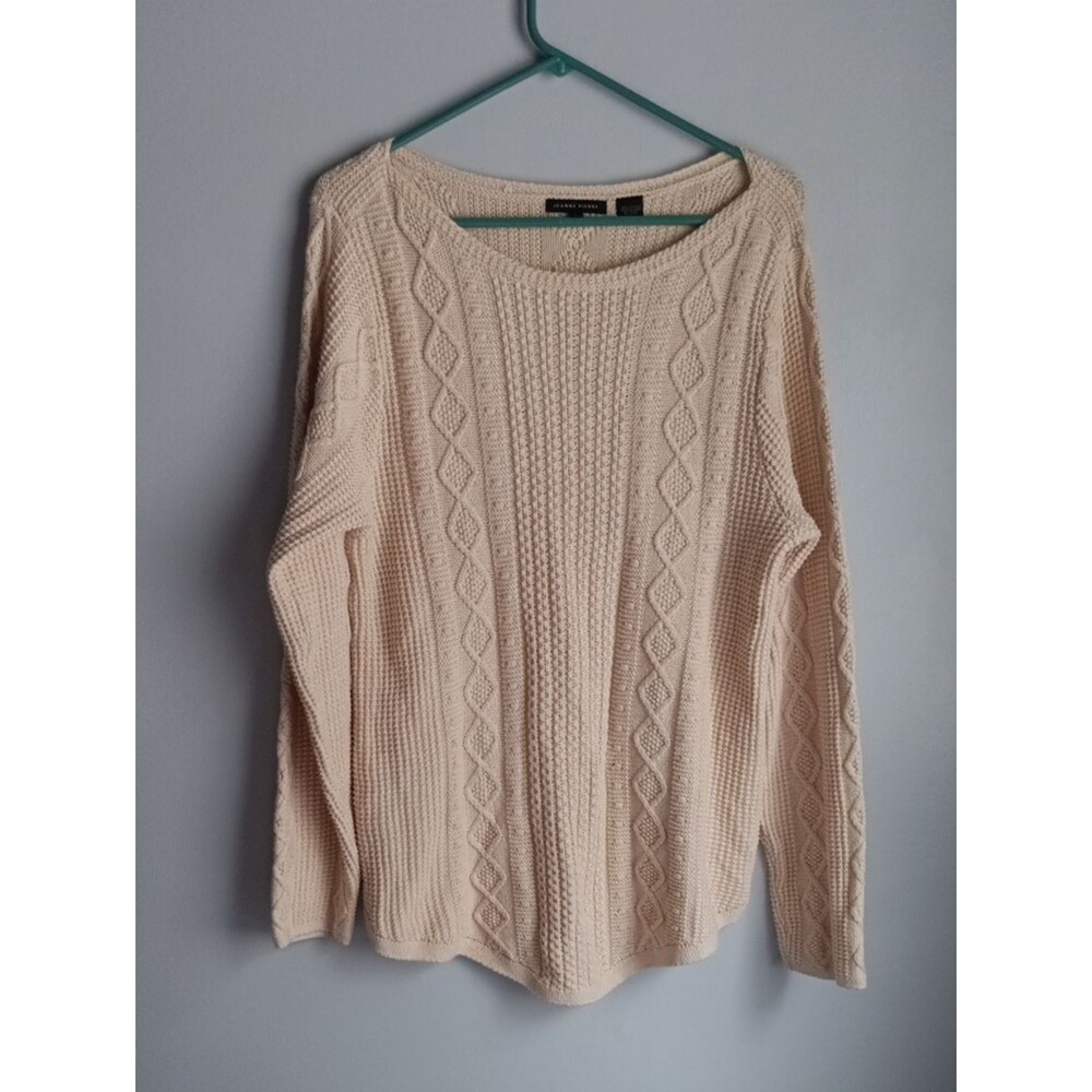 Jeanne Pierre Off White  Cable Knit Boatneck Cotton Sweater